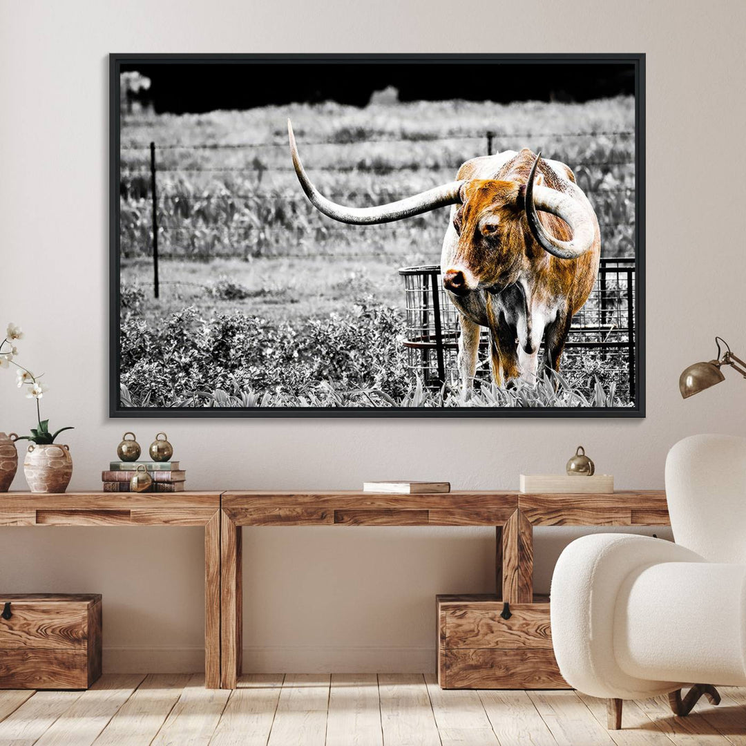 Majestic Texas Longhorn Cow Wall Art features a ready-to-hang canvas print that complements rustic farmhouse décor.