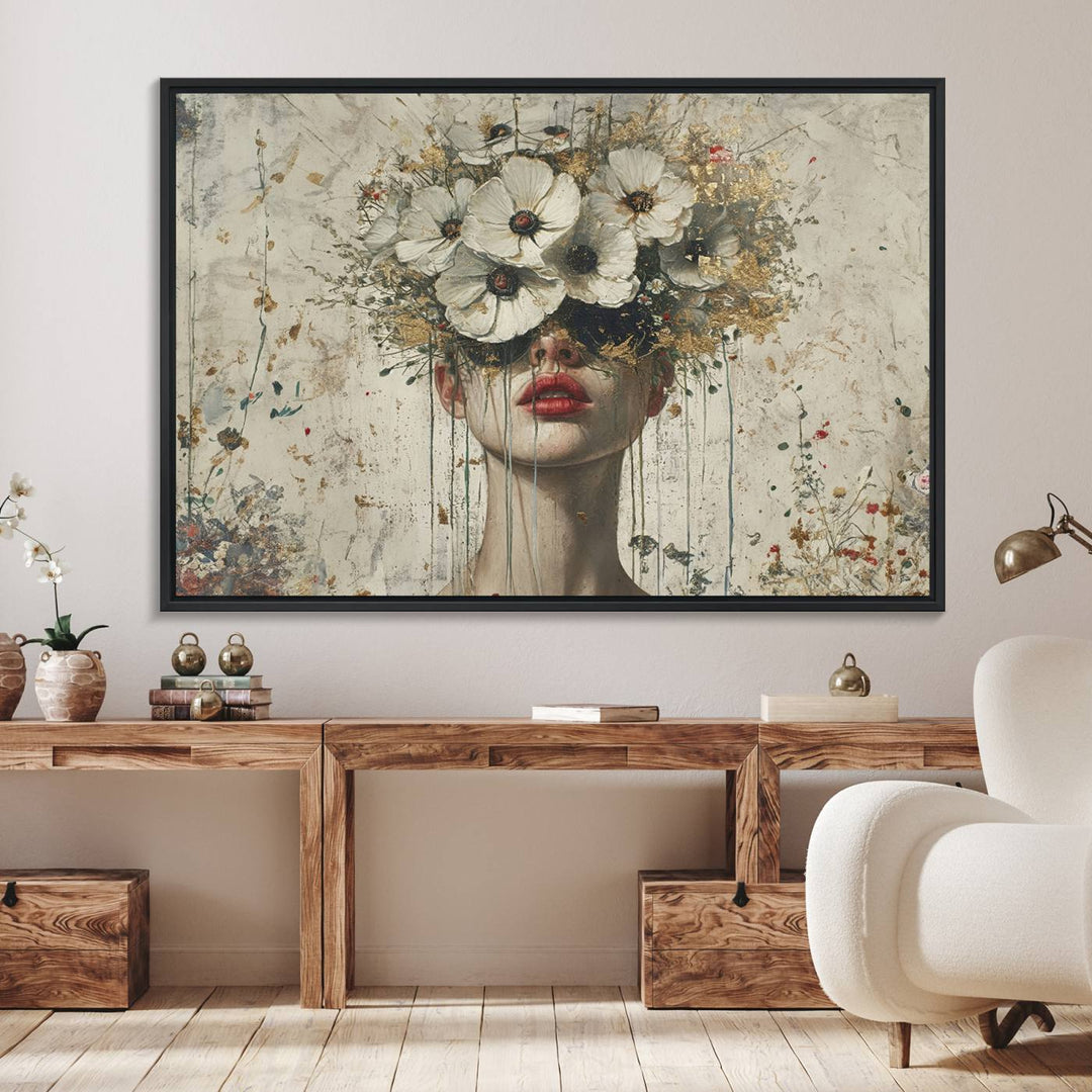 An abstract floral painting on canvas, adorned with vibrant splatters and blooming flowers.