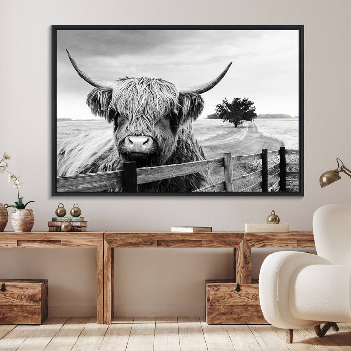 The Scottish Highland Cow Wall Art, a black and white canvas print, enhances rustic farmhouse décor.