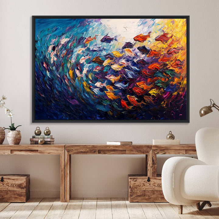 The Vibrant Abstract Fish Swarm Art features a colorful 3-piece canvas that adds a pop of color.