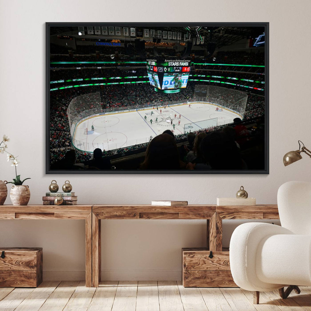 The Dallas Stars Wall Art Canvas Print is as clear as the scoreboard stats at a hockey game in a large arena with bright lights.