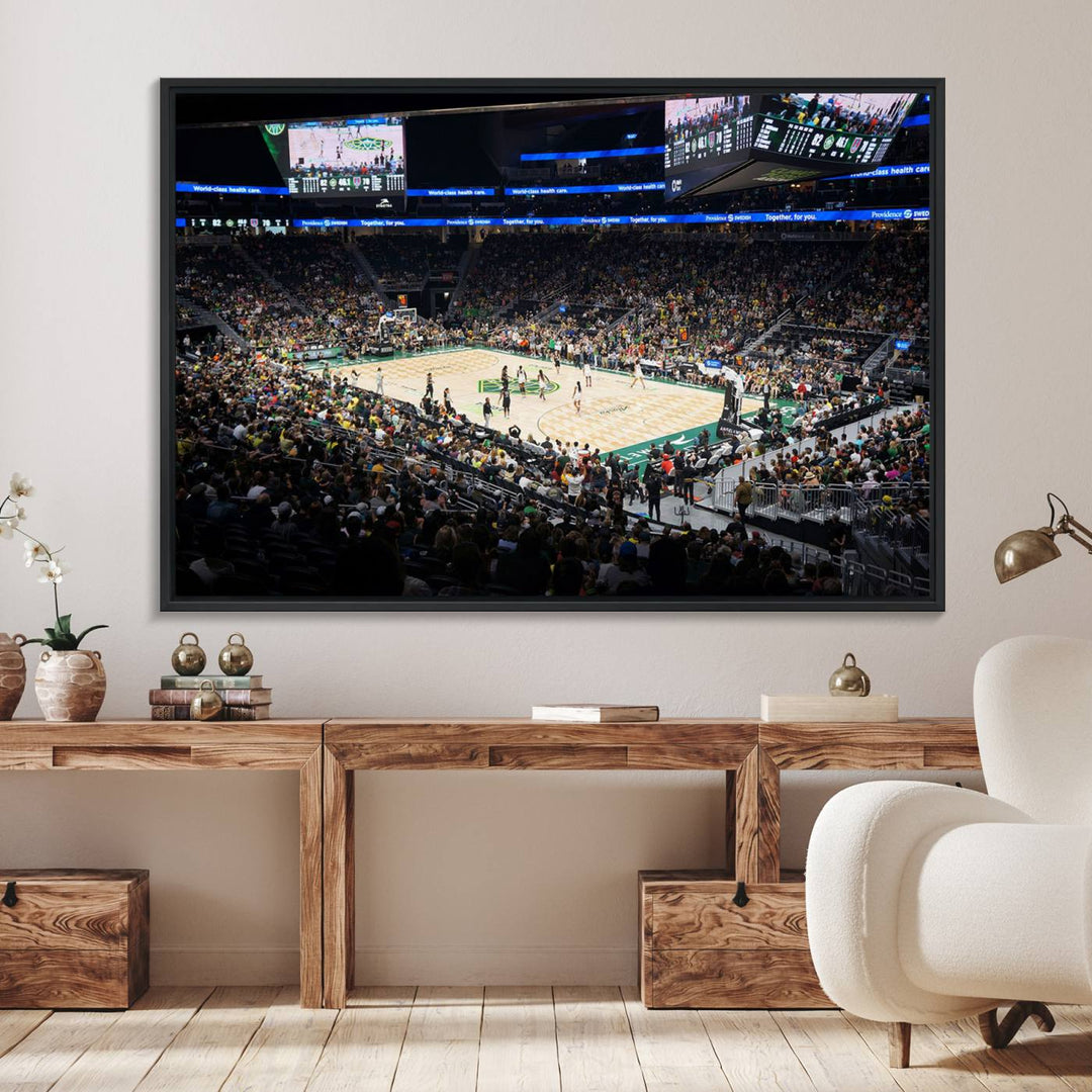 The Canvas Print of Climate Pledge Arena featuring the Seattle Kraken enhances a living room wall.