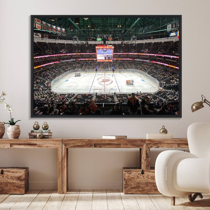 The wall art of the Honda Center California Anaheim Ducks Ice Hockey Stadium features a depiction of the rink and scoreboard from the perspective of the upper deck.