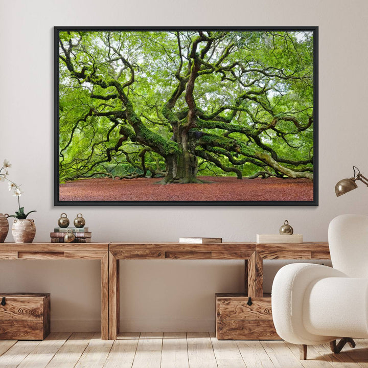 Framed Angel Oak Tree Wall Art: Large 3-panel green nature canvas, ready to hang.