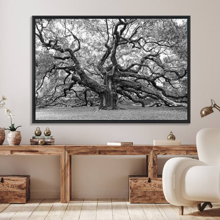 The Black White Angel Oak Tree wall art adds timeless, nature-inspired decor.