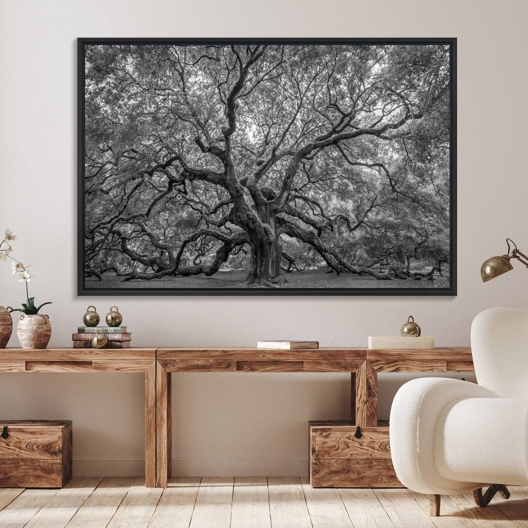 The Majestic Angel Oak Tree canvas print enhances minimalistic decor with its nature photography.