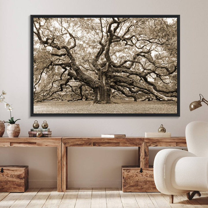 Displayed on the wall is a Sepia-framed Angel Oak Tree 3-panel canvas.