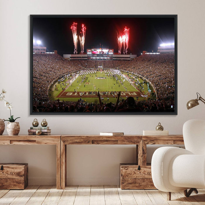 A vibrant wall art piece of the Florida State Seminoles sets a lively tone, depicting scenes filled with energy and celebration.