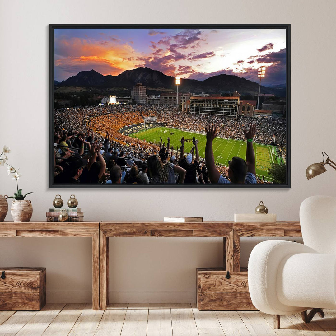 The Folsom Field Stadium Print beautifully captures the Colorado Buffaloes stadium at sunset, set against a stunning mountain backdrop.