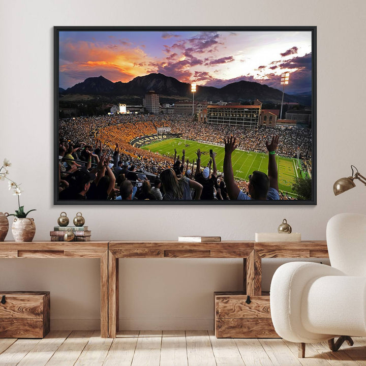 The Folsom Field Stadium Print beautifully captures the Colorado Buffaloes stadium at sunset, set against a stunning mountain backdrop.