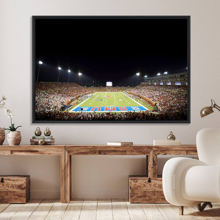 Wide-angle view of a vibrant painting depicting SMU Mustangs Football at Dallas Gerald J. Ford Stadium, capturing the energy and excitement of a filled stadium and brightly lit field.