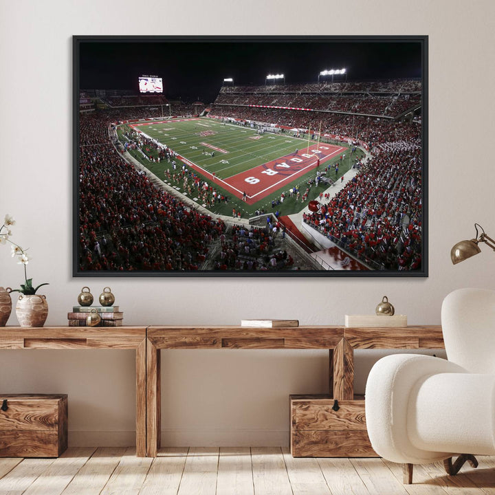 Aerial view of TDECU Stadium at night on the Houston Cougars Football Wall Art Canvas Print.