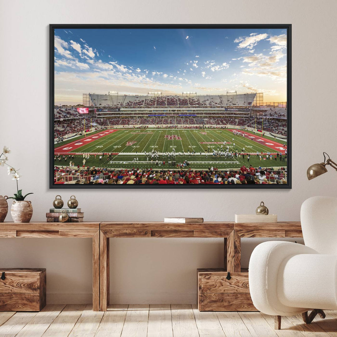 A Houston Cougars print of TDECU Stadium with a game crowd beautifully enhances the living room decor.