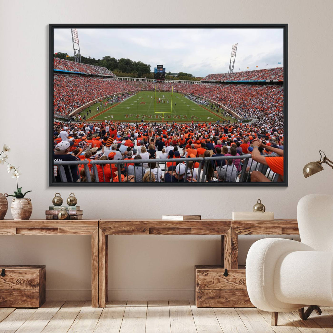 The Virginia Cavaliers Wall Art Canvas Print features a thrilling game at Scott Stadium surrounded by greenery.