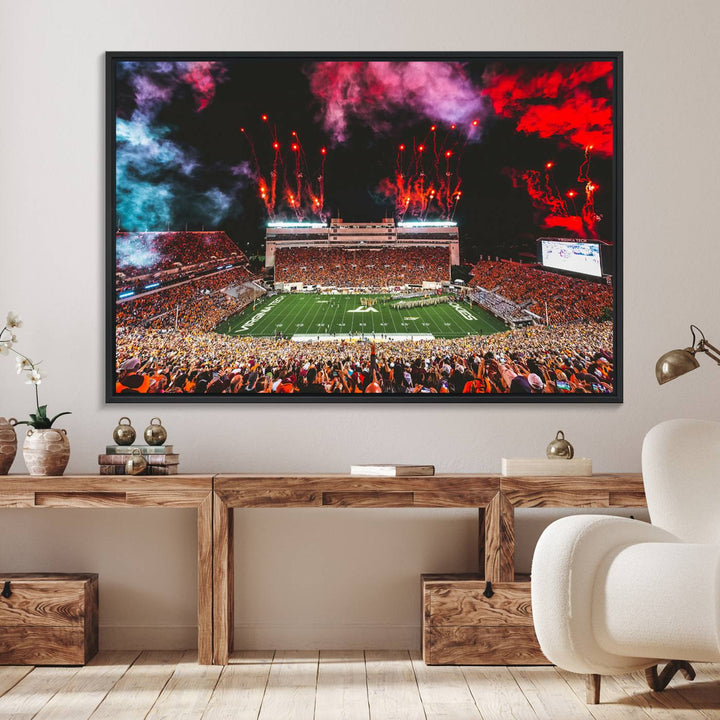 A Hokies football canvas print displays Lane Stadium at night with fireworks.