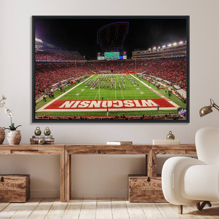 A premium canvas print captures a vibrant scene of Camp Randall Stadium featuring a lively football game with cheering fans and the energetic movements of the band.