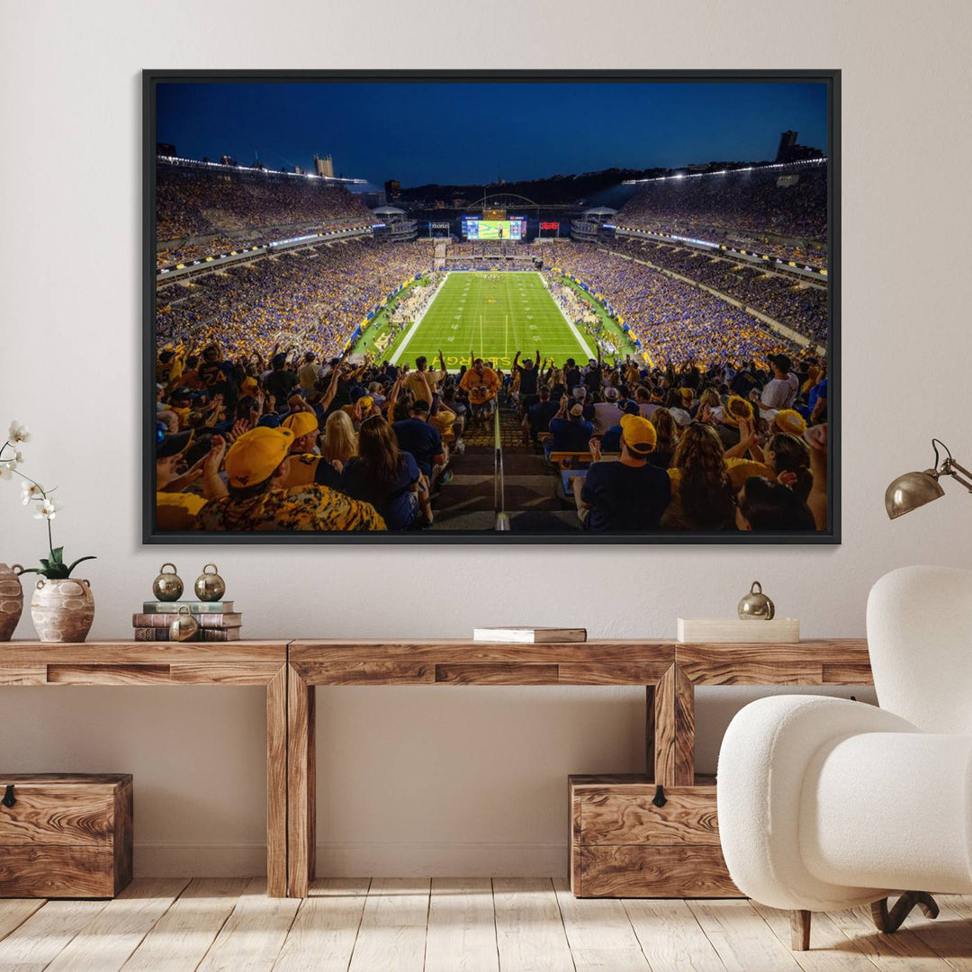 A Pittsburgh Panthers Acrisure Stadium canvas print captures the thrill of a packed stadium under lights and fans cheering.