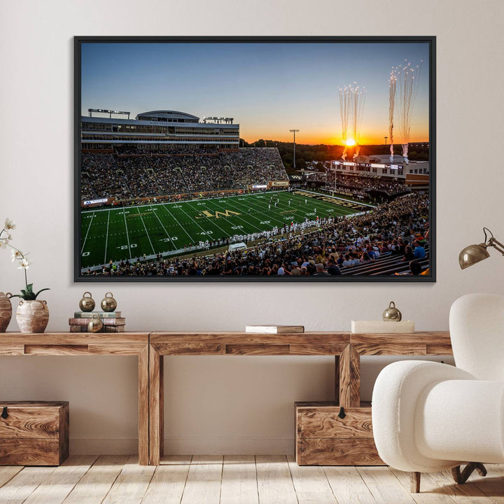 Canvas wall art print depicting the Demon Deacons football stadium at sunset with fireworks.