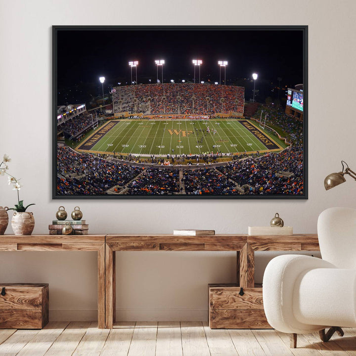 The Demon Deacons stadium print captures a brightly lit, bustling scene on museum-quality canvas.