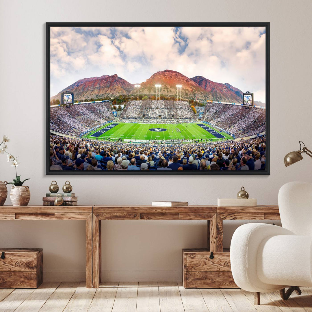 A museum-quality canvas featuring BYU Cougars Football at LaVell Edwards Stadium with a stunning mountain view.