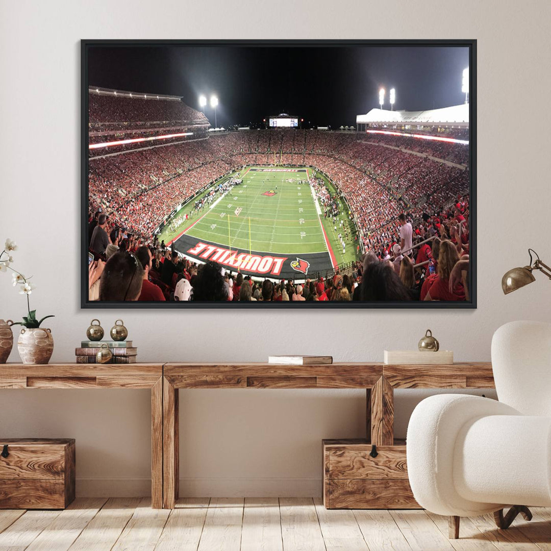 Panoramic view of a crowded football stadium with Louisville in the end zone, crafted as University of Louisville wall art.