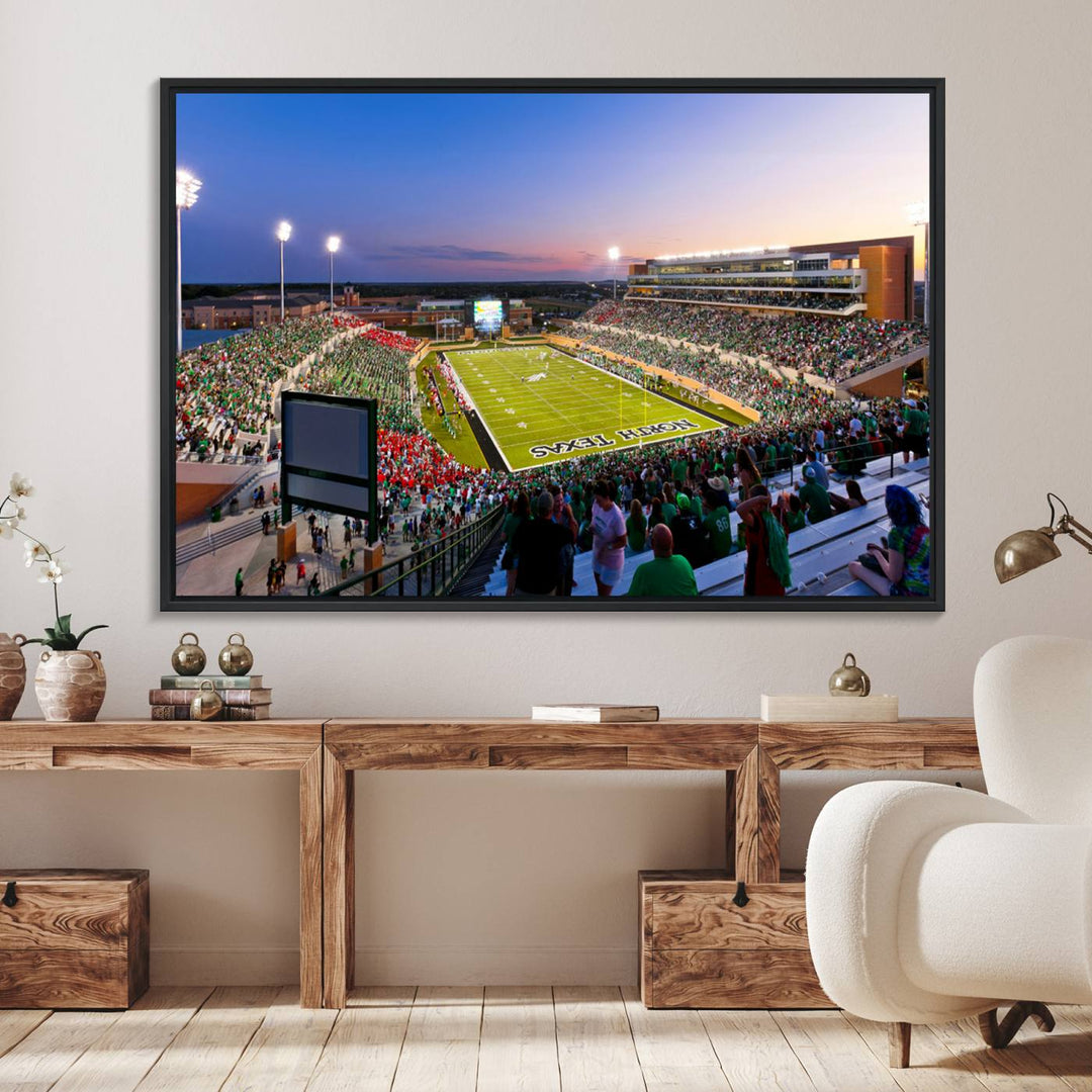 Aerial view of University of North Texas DATCU Stadium at sunset on canvas, showcasing a colorful sky.