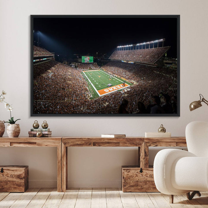 A football game at a packed stadium is captured on the University of Texas Longhorns Stadium Canvas Print.