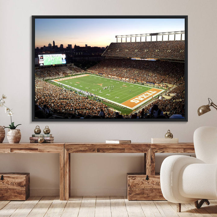 The Evening Game canvas art captures a glowing sunset and skyline at Texas Longhorns Darrell K Royal Stadium.