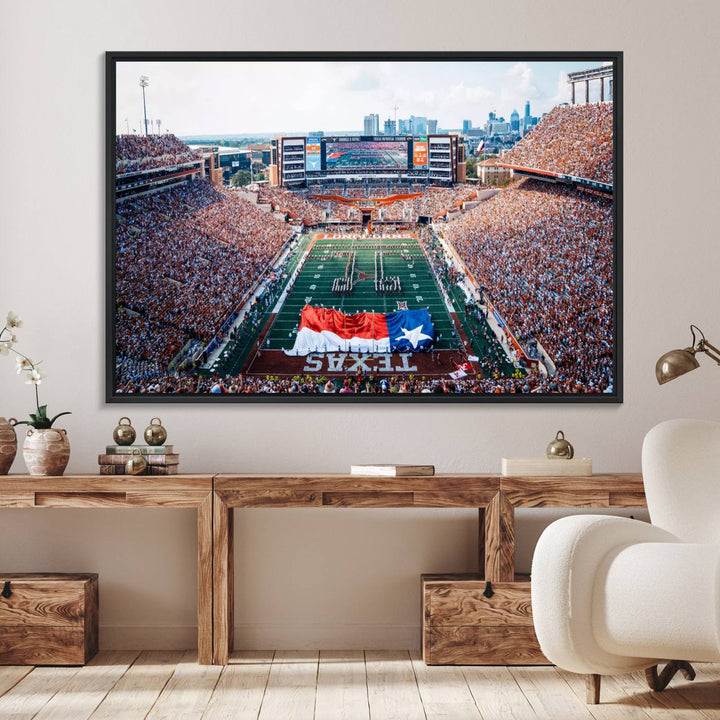 University of Texas Longhorns canvas: A premium print depicting Darrell K Royal-Texas Memorial Stadium with the city skyline and Texas flag.