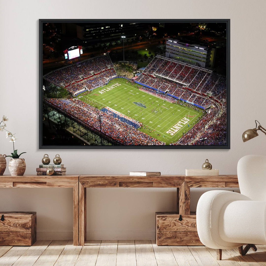 Aerial view of Florida Atlantic University Owls football stadium as a gallery-quality wall art canvas print.