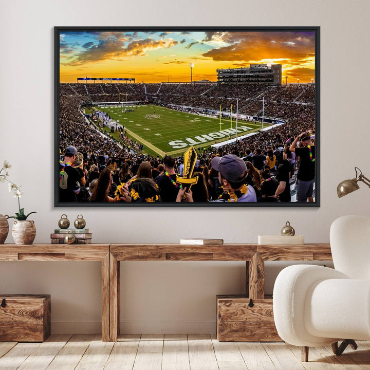 A sunset football game at UCFs Stadium—ideal as a premium wall art canvas print for your home.