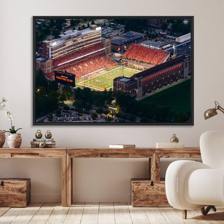 Aerial view of the University of Illinois Memorial Stadium on premium canvas, capturing buildings and greenery at dusk.