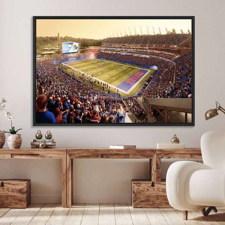 A premium University of Kansas Jayhawks Football Team canvas print captures the essence of a sunset football game, filling the stadium with vibrant energy.