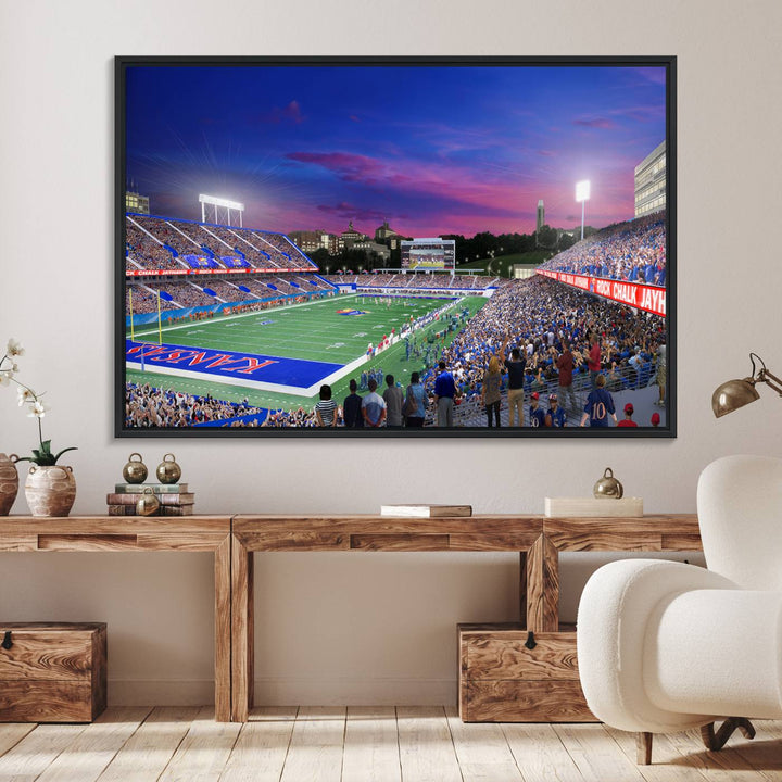 A canvas art piece depicting the Kansas Jayhawks stadium at twilight, vibrant in a modern setting.