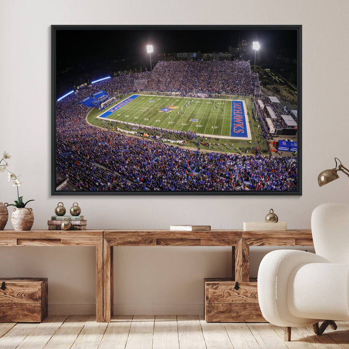 A canvas depicting an aerial view of the University of Kansas Memorial Stadium, showcasing bright lights and a lush green field at night.