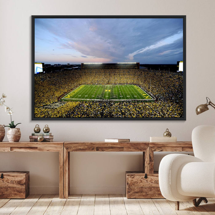 Gallery-quality canvas print of Michigan Stadium at sunset.