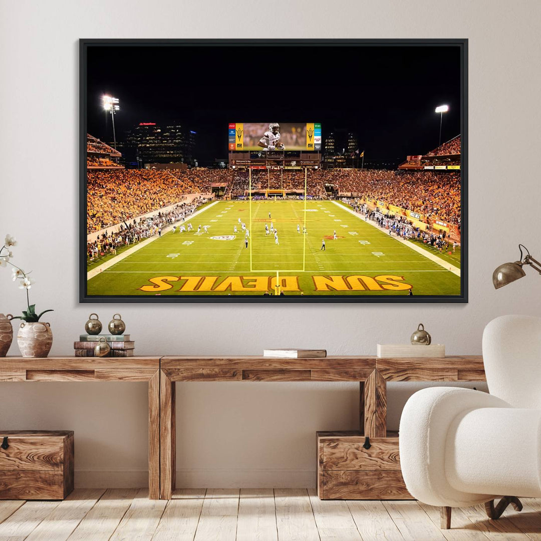 ASU Sun Devils Football Team Print - Wall Art Canvas featuring the Sun Devils end zone at Phoenix Mountain America Stadium.