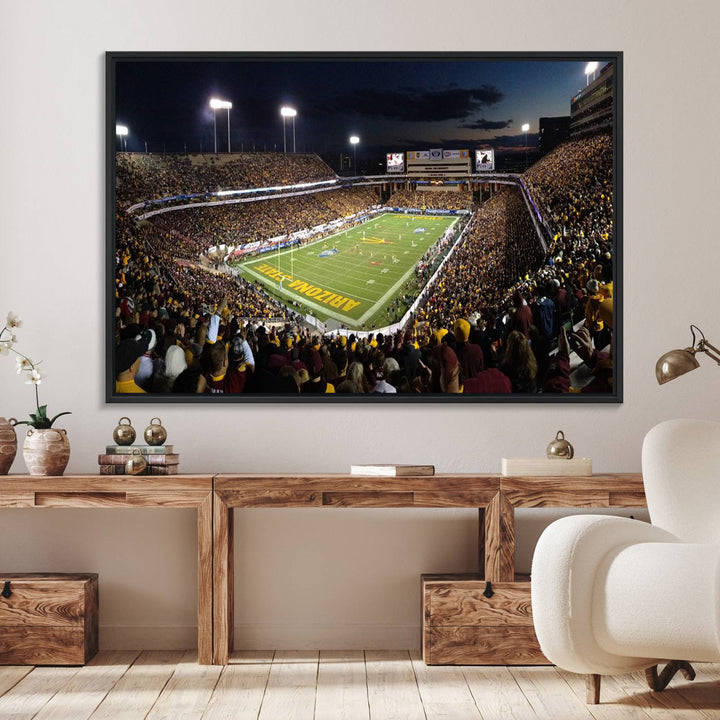 A room featuring an ASU Sun Devils Football Team Print, capturing fans at Phoenix Mountain America Stadium at dusk.