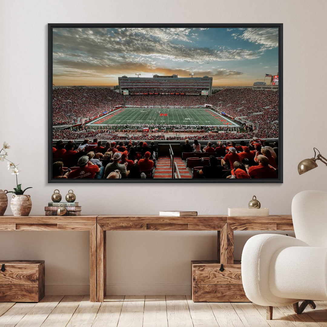 This stunning canvas wall art print features a packed Lincoln Memorial Stadium with the University of Nebraska Cornhuskers at sunset.