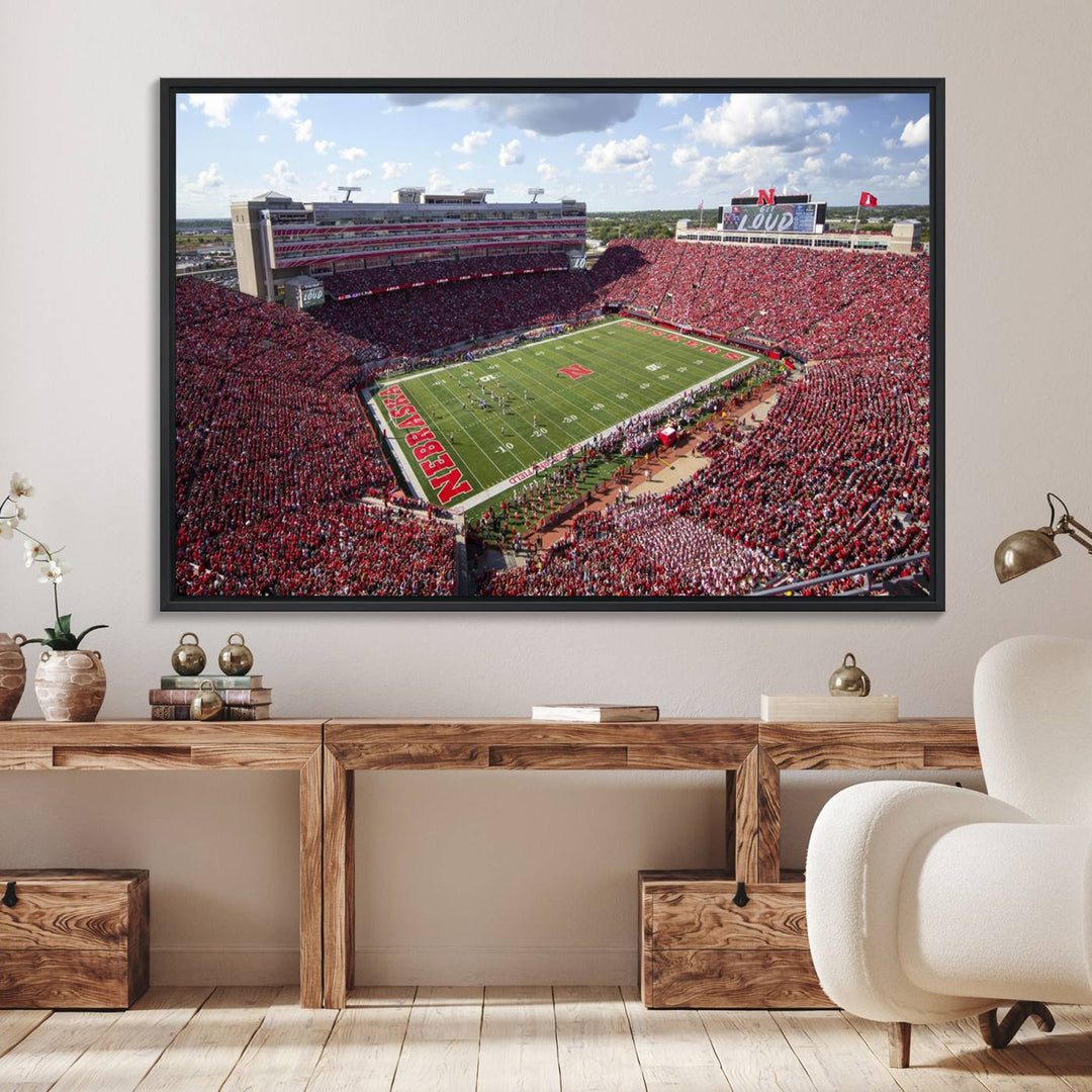 Wall art canvas print depicting a wide-angle view of Lincoln Memorial Stadium during a University of Nebraska game.