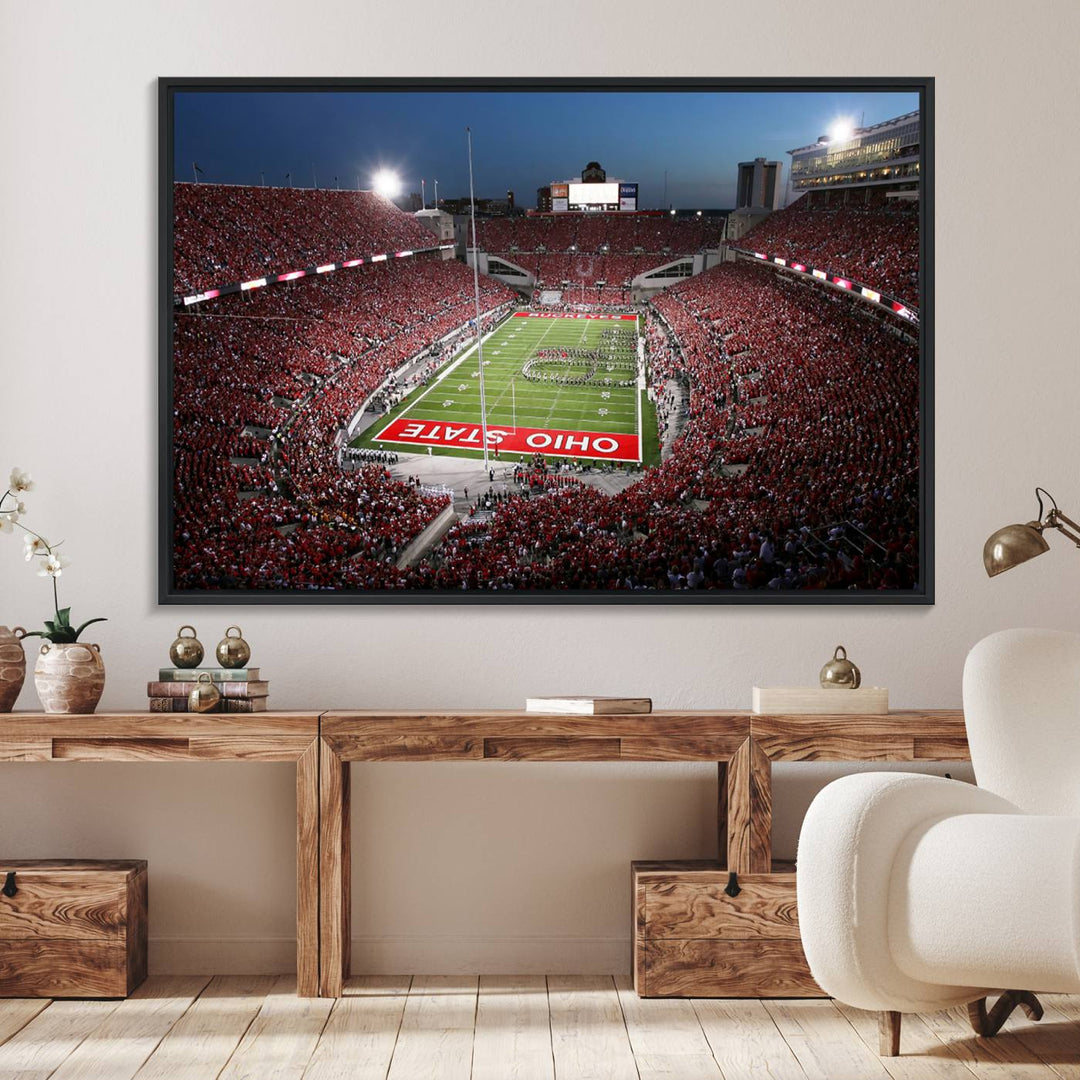 Premium gallery-quality canvas wall art featuring an aerial view of a packed Ohio State stadium at dusk, highlighting the Buckeyes.