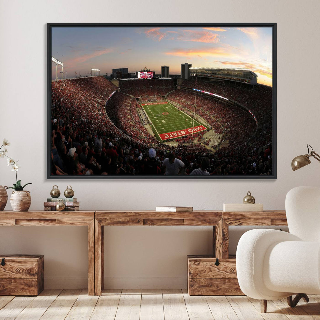 The canvas wall art captures a stunning stadium view of a sunset over Ohio State University Buckeyes football fans.