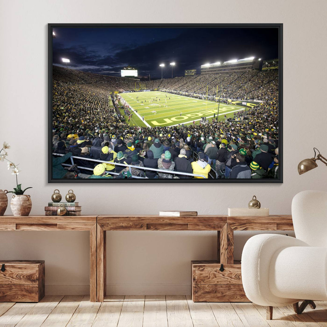 Under bright lights, a University of Oregon Ducks Canvas Print captures the excitement of fans packing Autzen Stadium for a night football game.