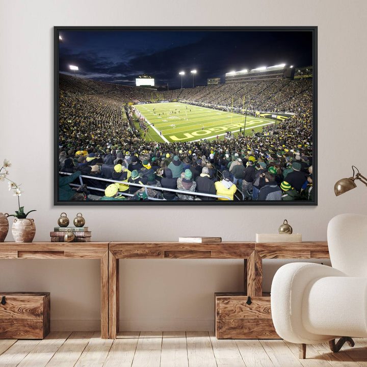 Under bright lights, a University of Oregon Ducks Canvas Print captures the excitement of fans packing Autzen Stadium for a night football game.