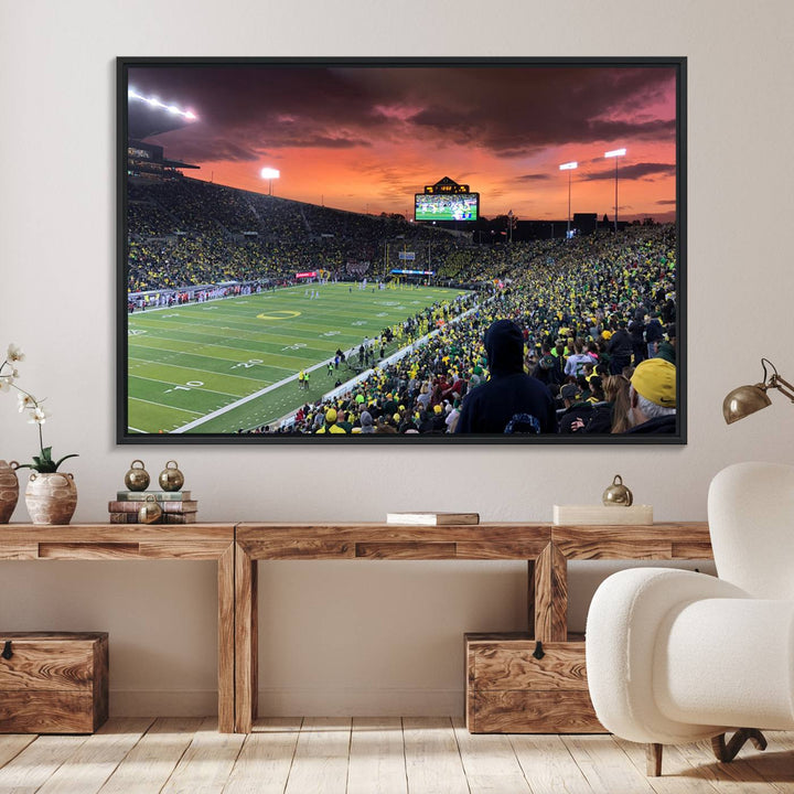 This stunning wall art print captures a vibrant sunset at Eugene Autzen Stadium.