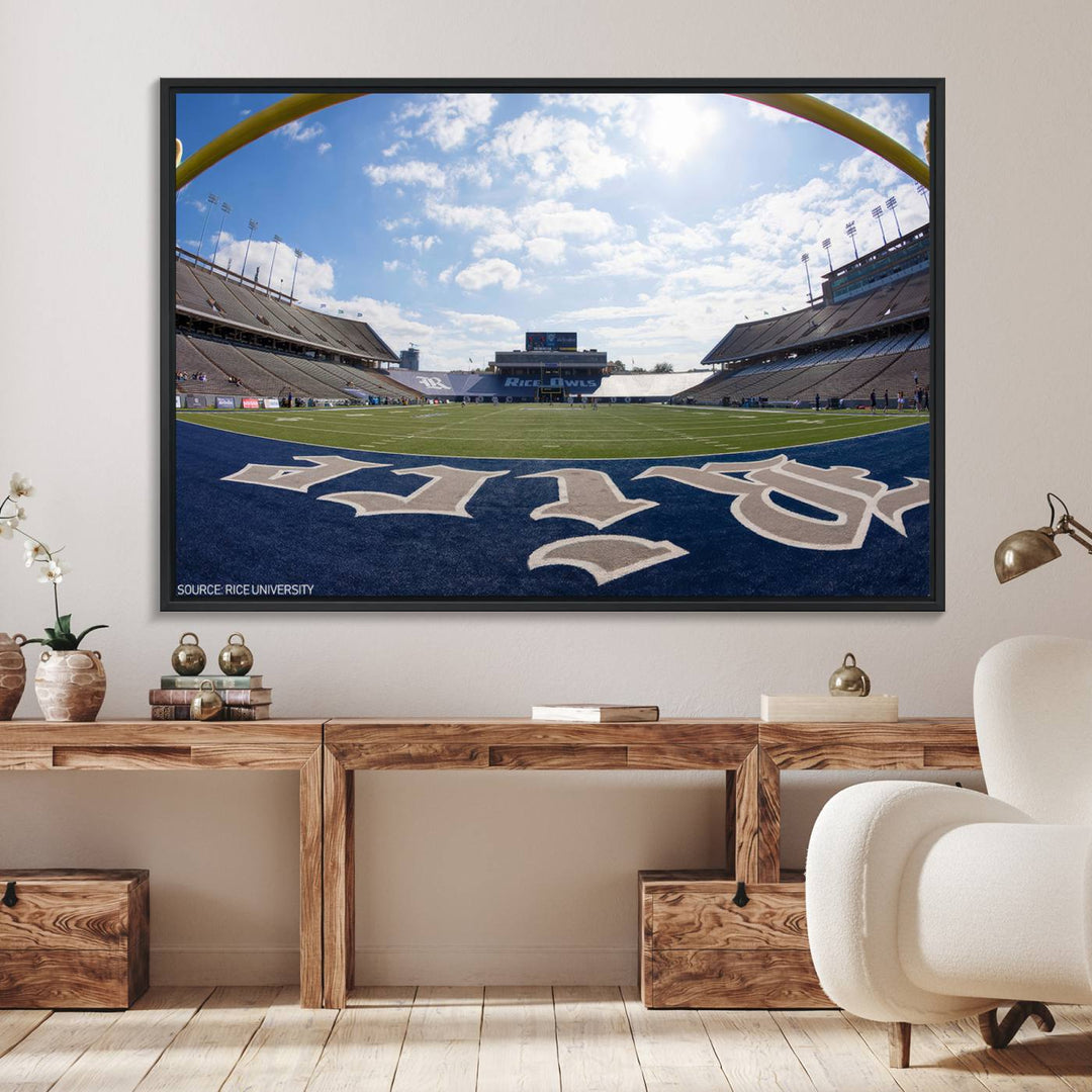 Fish-eye view of an empty stadium, ideal wall art on premium canvas: Rice University Owls Football Team Print.