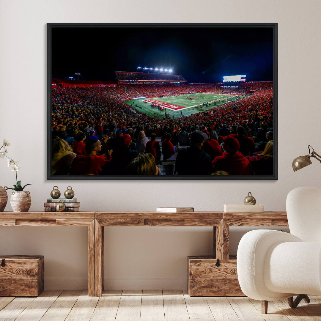 A premium canvas wall art print depicting Rutgers Scarlet Knights SHI Stadium filled with fans under vibrant lights.