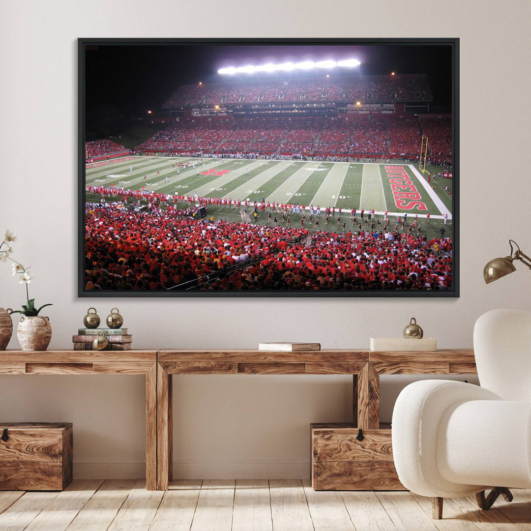 A bustling night game at SHI Stadium is captured as Rutgers Scarlet Knights wall art on a gallery-quality canvas print.