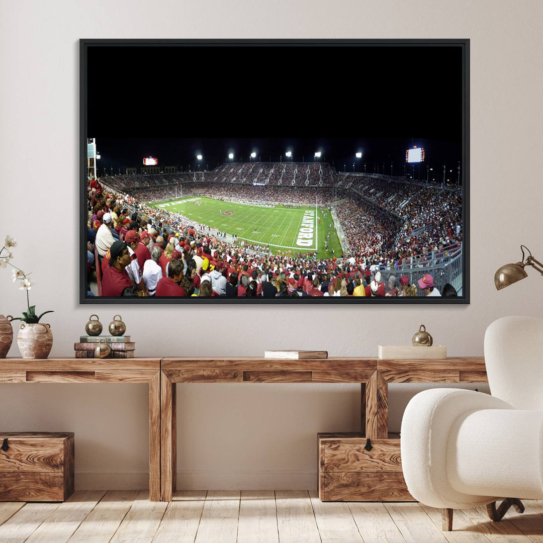 This Stanford University Cardinal Football Team canvas print, depicting fans in red filling Stanford Stadium at night, is perfect.