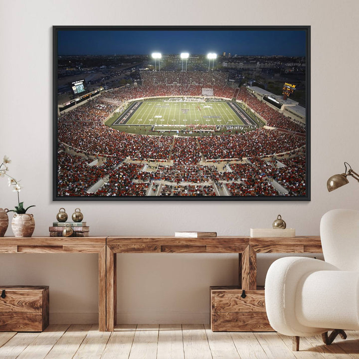 Canvas wall art featuring an aerial view of the Texas Tech Red Raiders packed night game at Lubbock’s Jones AT&T Stadium.